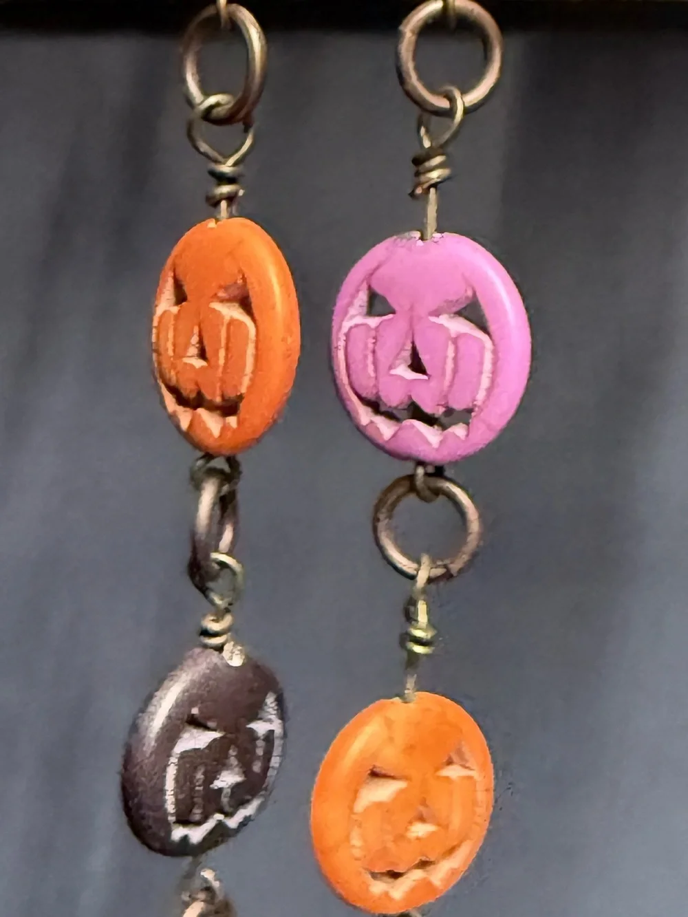 Handmade Stacked Jack-O-Lantern Pumpkin Drop Earrings | Purple Orange Black